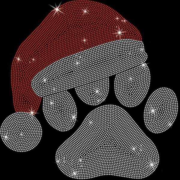 Festive Santa Claus Hat With Paw Rhinestone T-Shirt for Christmas, Unique Design Holiday Gift, Cute Xmas Sweatshirt, Cozy Christmas Shirt