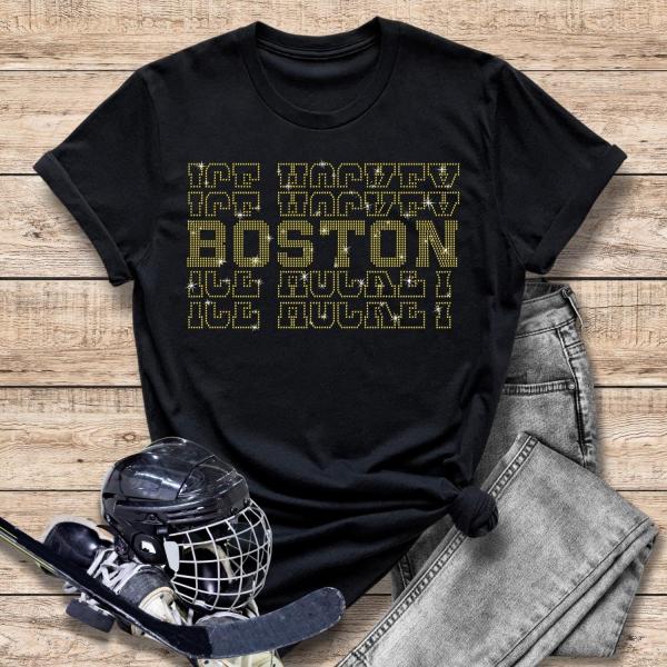 Boston Rhinestone T-Shirt, Hockey Game Day Apparel, Professional Hockey Championship Sport Shirt Gift for Fan, Hockey Premium Unisex Shirt