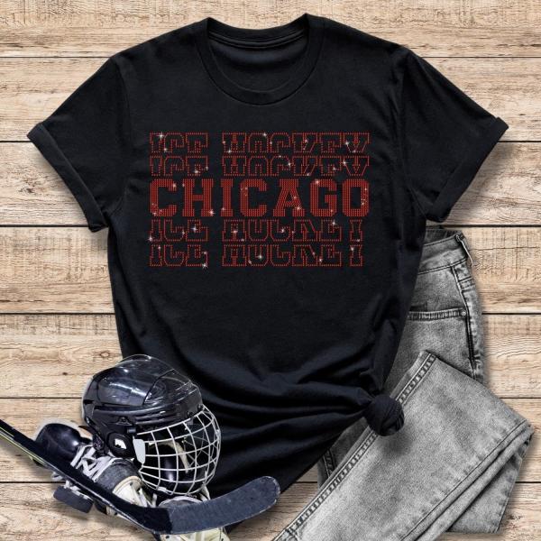 Chicago Rhinestone T-Shirt, Hockey Game Day Shirt for Men or Women, Cheer Mom Soft-Style Sportswear, Sweatshirt Jersey For Sports Lovers