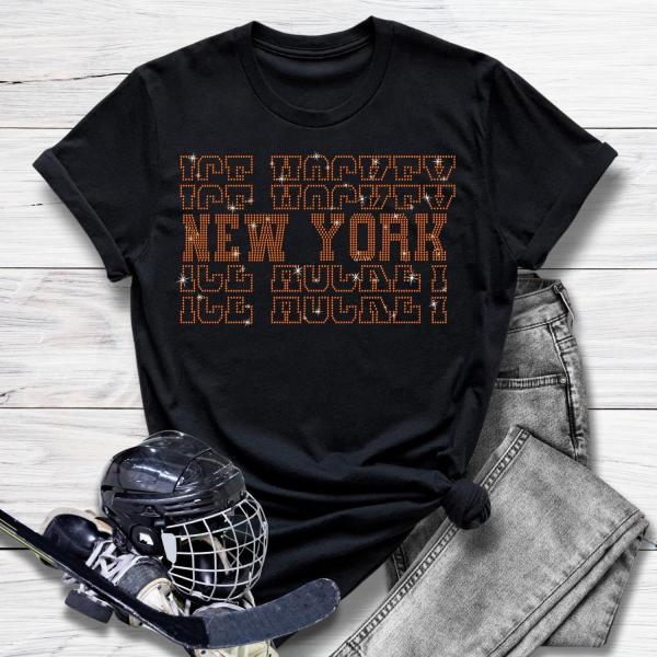 New York Rhinestone T-Shirt, Hockey Comfort Color Aesthetic Top, Hockey Christmas Shirt Gift for Sports Lovers, Unique Design Matching Shirt