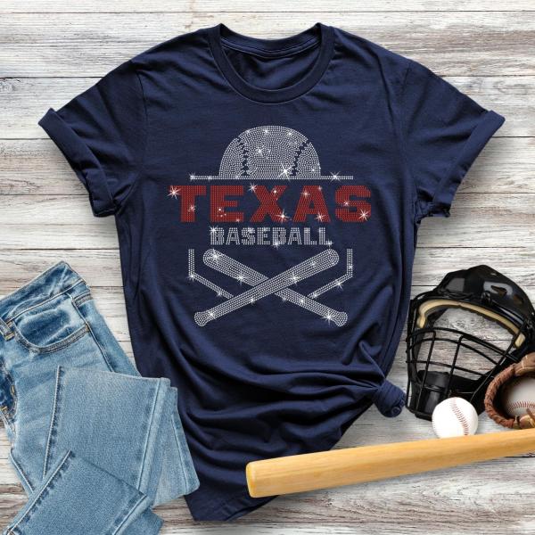 Texas Baseball Rhinestone T-Shirt, Game Day Apparel, Baseball Mama Shirt, Team Spirit Shirt, Sports Fan Shirt, Rangers Gift for Her or Him