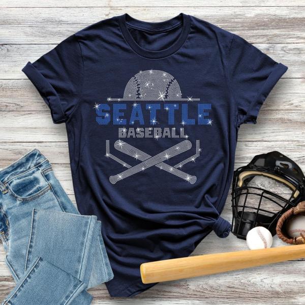 Seattle Baseball Rhinestone T-Shirt, Game Day Gear, Retro Sports Shirt, Unique Design Top, Mama Baseball Tee,  Gift for Your Loving One