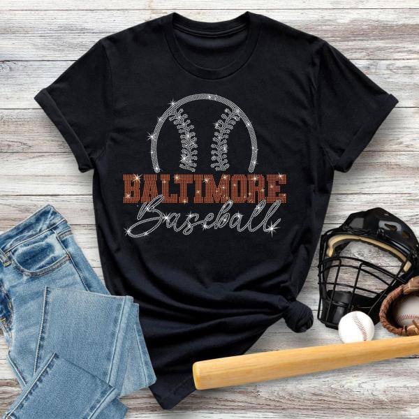 Baltimore Baseball Rhinestone T-Shirt, Orioles Gift for Her, Game Day Baseball Shirt, Baltimore City Sports Shirt, Vintage Baseball Fan Tee