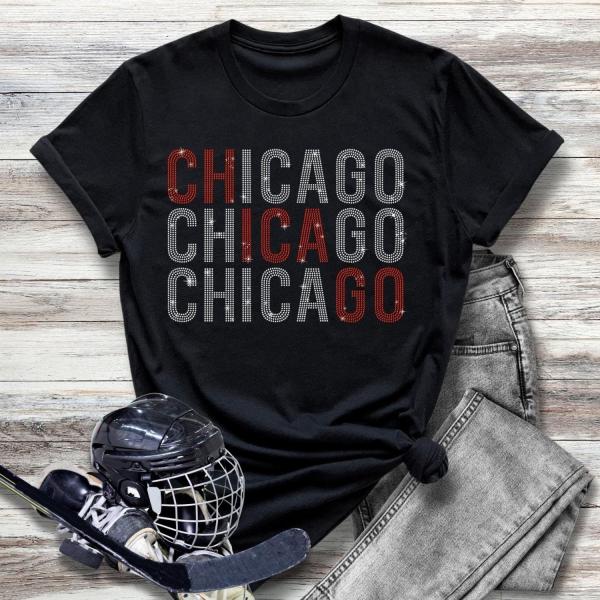 Chicago Rhinestone T-Shirt, Hockey Season Glittering Sweatshirt, Cute Hockey Fan Tee, Hockey Sports Gift Ideas, Old Time Style Hockey Shirt
