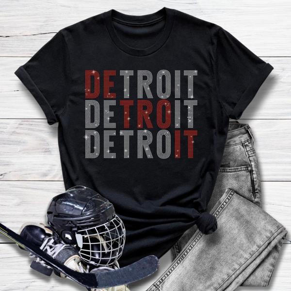 Detroit Rhinestone T-Shirt, Hockey Team Retro Sweatshirt, Unisex Fans Sports Apparel, Woman Hockey Fan Outfit, Cotton Jersey Adult Tee Shirt