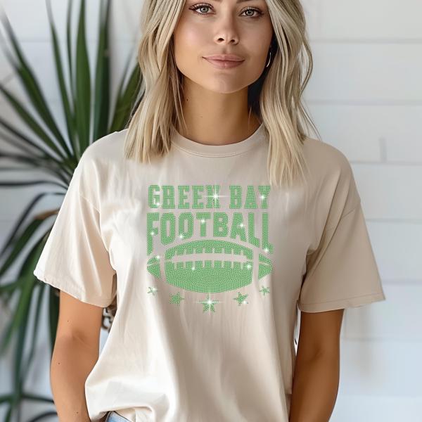 Green Bay Rhinestone Shirt, Game day Football Rhinestone Shirt, Green Bay Football Shirt, Green Bay Football Sweater, Ladies Green Bay Shirt
