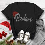 Believe Christmas Rhinestone T-Shirt, Gift for Noel, Unique Design Santa Hat Shirt, Cozy Holiday Spirit Top Shirt, Christmas Family Shirt