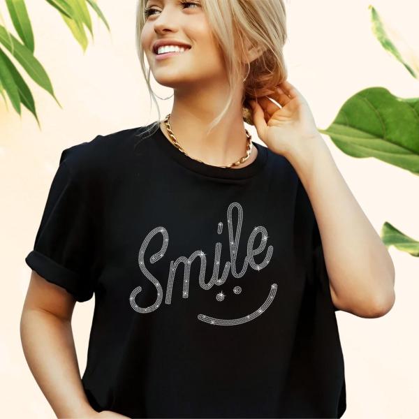 Aesthetic Smile Written Text and Emoji Rhinestone inspirational T-Shirt, Valentine's Day Gift for Darling, High-Quality Soft-Style Tee-Shirt
