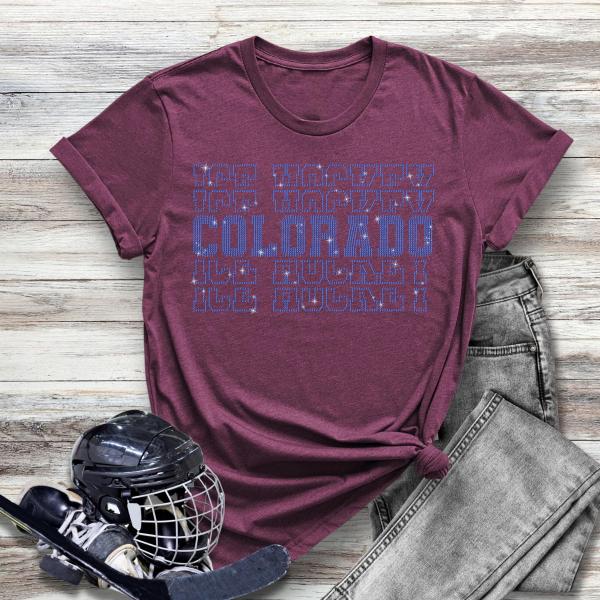 Colorado Rhinestone T-Shirt, Hockey Funny Jersey, Hockey Team Game Day Souvenir, Awesome Cool Fans Cheer Clothing Gift for Sports Lover