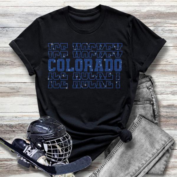 Colorado Rhinestone T-Shirt, Hockey Funny Jersey, Hockey Team Game Day Souvenir, Awesome Cool Fans Cheer Clothing Gift for Sports Lover