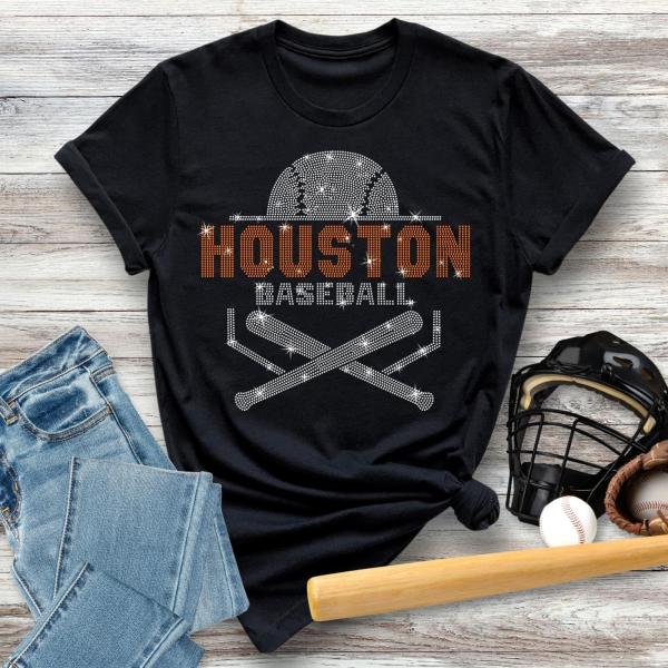 Houston Baseball Rhinestone T-Shirt, Retro Sports Fan Tee, Unisex Softstyle Tee, Baseball Favor Season Shirt, Baseball Mom Tee, Gift for Her