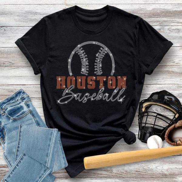 Houston Baseball Rhinestone T-Shirt, Retro Game Day Apparel, Baseball Mom Shirt, Team Spirit Shirt, Baseball Fan Gift For Women and Men
