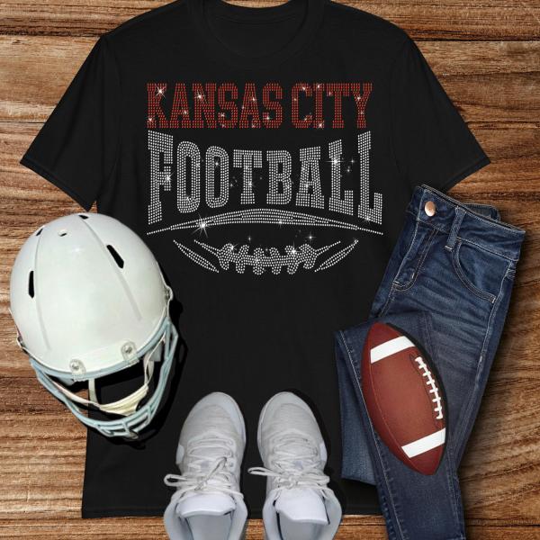 Kansas City Football Rhinestone Shirt – Sparkling Fan Apparel, Stylish T-shirt, Sweatshirt, Hoodie, V-Neck, Perfect for Game Day &Team Pride