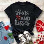 Hugs and Kisses Valentine's Day Rhinestone T-Shirt, Lovers Matching Shirt, Perfect Design Valentine Shirt Gift for Girlfriend or Boyfriend