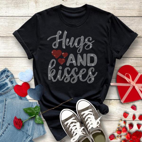Hugs and Kisses Valentine's Day Rhinestone T-Shirt, Lovers Matching Shirt, Perfect Design Valentine Shirt Gift for Girlfriend or Boyfriend