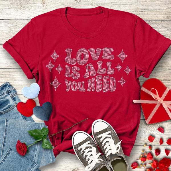Love Is All You Need Rhinestone T-Shirt, Valentine's Day Gift, Comfy Sweatshirt, Positive Message Tee, Music Concert Festival Shirt