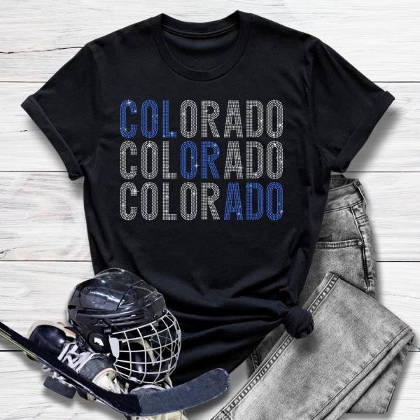 Colorado Rhinestone T-Shirt, Hockey Jersey Gift For Christmas, Game Day Sports Team Apparel, Trendy Vintage Style Hockey Fan Sweatshirt