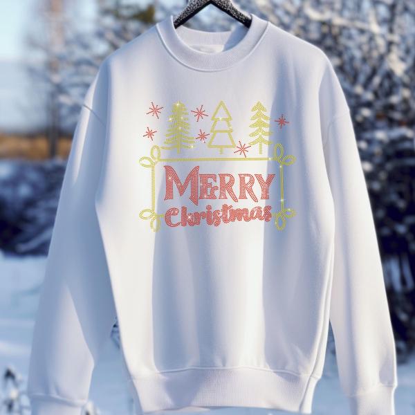 Sparkly Merry Christmas Rhinestone Shirt, Cute Christmas Season Gift, Funny Xmas Party Outfit,  Very Merry and Bright Christmas Trees Shirt