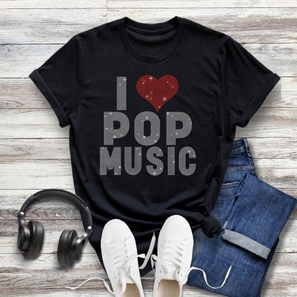 Heart Love Pop Music Rhinestone T-Shirt, Popular Pop Music T-Shirt, Cute Concert Sweatshirt, Unisex Casual Top for Pop Music Lovers