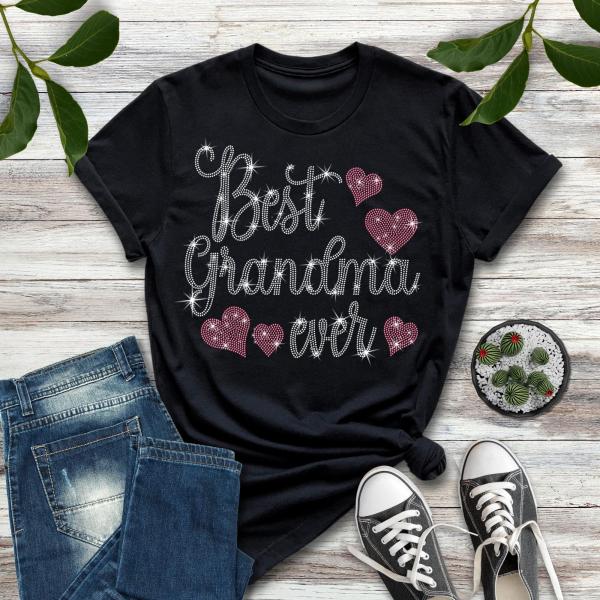 Best Grandma Ever Rhinestone T-Shirt, World's Best Grandma Tee-Shirt, Best Mom Heart Themed Shirt, Custom Mama Lovely Shirt Gift for Grandma