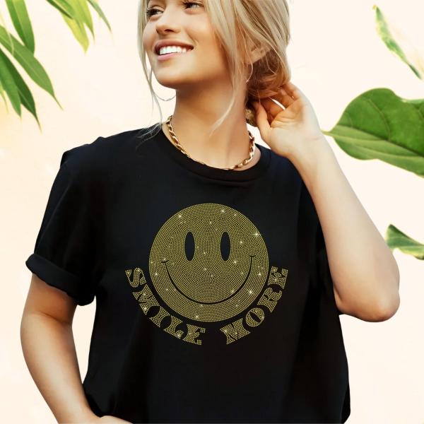 Smile More Shiny Rhinestone T-Shirt with Emojis, Happy Face Shirt, Ladies Favori Casual Wear, Perfect Design Unisex Gift for Her/him