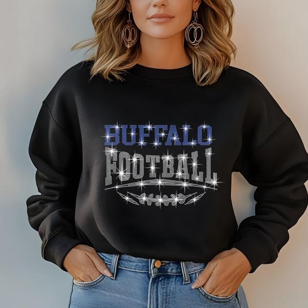 Buffalo Football Rhinestone Shirt – Sparkling Fan Apparel! Stylish T-shirt, Sweatshirt, Hoodie, or V-Neck, Perfect for Game Day & Team Pride