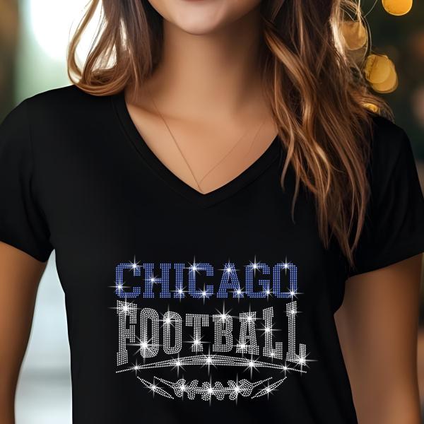 Chicago Football Rhinestone Shirt – Sparkling Fan Apparel! Stylish T-shirt, Sweatshirt, Hoodie, V-Neck, Perfect for Game Day & Team Pride