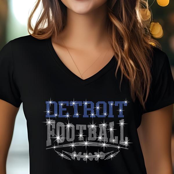 Detroit Football Rhinestone Shirt – Sparkling Fan Apparel! Stylish T-shirt, Sweatshirt, Hoodie, V-Neck, Perfect for Game Day & Team Pride