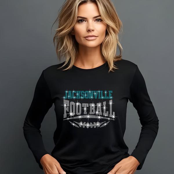 Jacksonville Football Rhinestone Shirt –Sparkling Fan Apparel, Stylish T-shirt, Sweatshirt, Hoodie, V-Neck, Perfect for Game Day &Team Pride