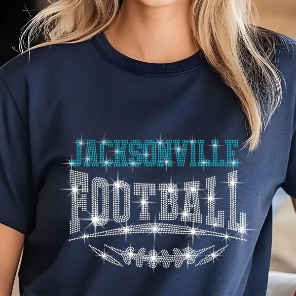 Jacksonville Football Rhinestone Shirt –Sparkling Fan Apparel, Stylish T-shirt, Sweatshirt, Hoodie, V-Neck, Perfect for Game Day &Team Pride