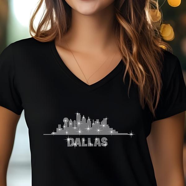 Dallas Skyline Rhinestone Shirt – Stunning City Silhouette Tee with Sparkling Name Design, Football Perfect for Stylish Fans and City Lovers
