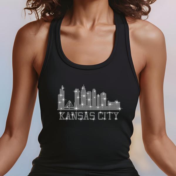 Kansas City Skyline Rhinestone Shirt – Stunning City Silhouette Tee with Sparkling Name Design, Perfect for Stylish Fans and City Lovers