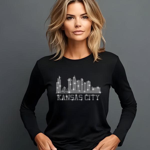 Kansas City Skyline Rhinestone Shirt – Stunning City Silhouette Tee with Sparkling Name Design, Perfect for Stylish Fans and City Lovers
