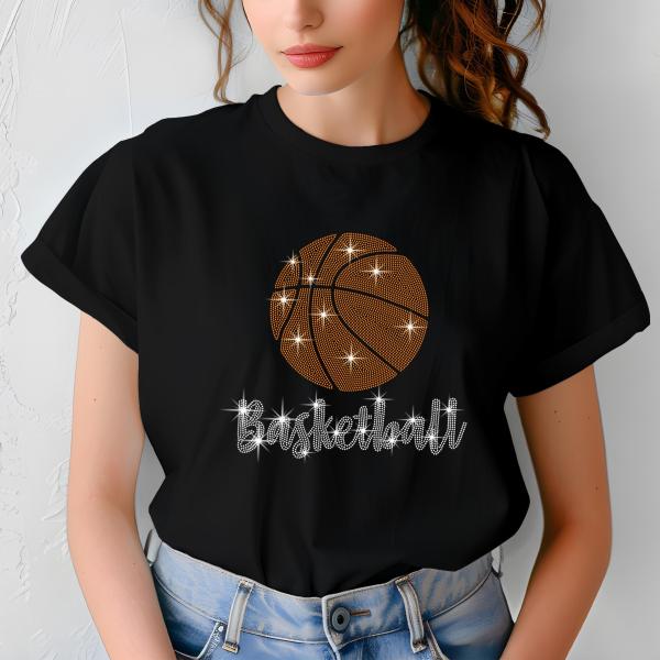 Basketball Rhinestone T-Shirt – Shine on with Sparkling Court Designs, Perfect for Fans and Hoops Enthusiasts