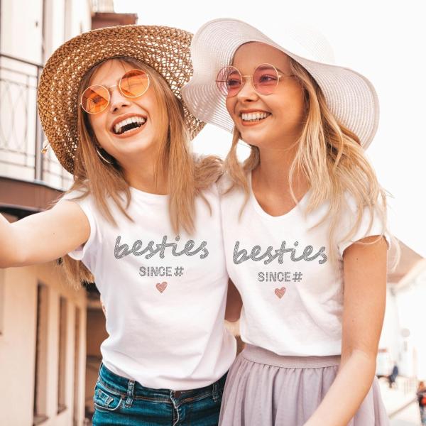 Custom Besties Since Year Rhinestone T-Shirt, Personalized Matching Outfit, Customizable Best Design Tee-Shirt Gift for Best Friend