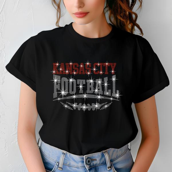 Kansas City Football Rhinestone Shirt – Sparkling Fan Apparel, Stylish T-shirt, Sweatshirt, Hoodie, V-Neck, Perfect for Game Day &Team Pride