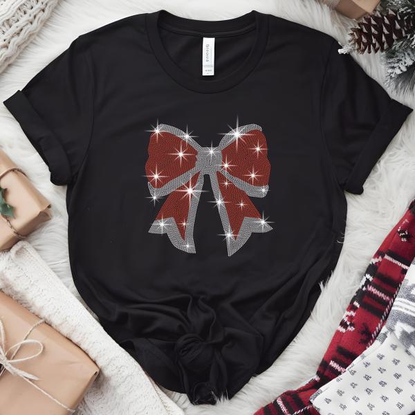 Christmas Bow Rhinestone Sweater, Cheering Party Shirt, Holiday Sweater, Xmas Gift, Merry Sweatshirt, New Year Tee, T-shirts Gift for Her