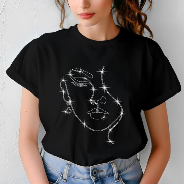 Minimalist Rhinestone Line Art Face Design - Women’s V-Neck T-Shirt, Sweater, Hoodie - Elegant Sparkle Top for Stylish Wear, Gift for Her