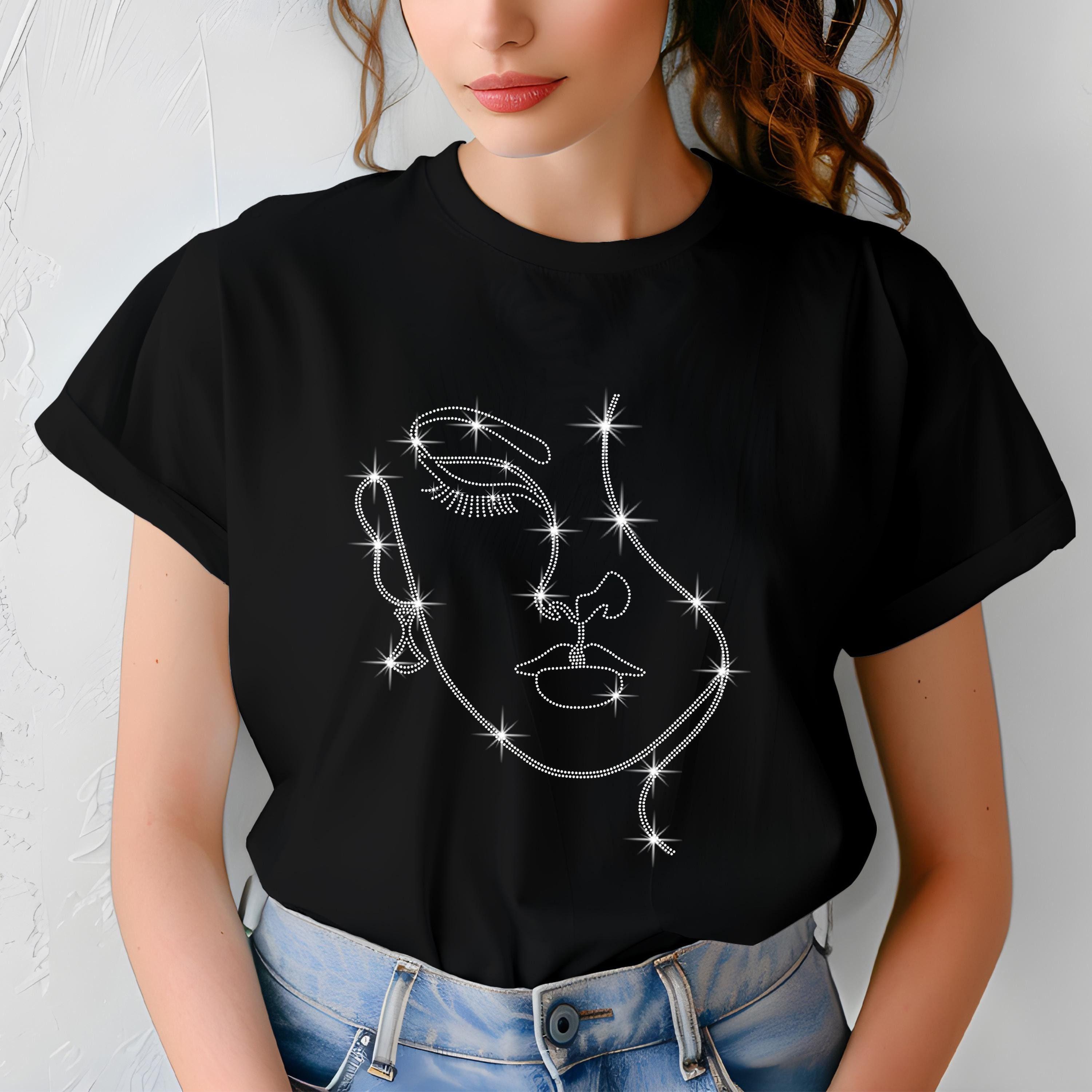 Minimalist Rhinestone Line Art Face Design - Women’s V-Neck T-Shirt, Sweater, Hoodie - Elegant Sparkle Top for Stylish Wear, Gift for Her