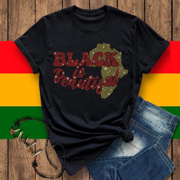 Black Is Beautiful With Map Rhinestone T-Shirt, African Map Silhouette Shirt, Pan-African Colors Tee, Black History Month, African Clothing