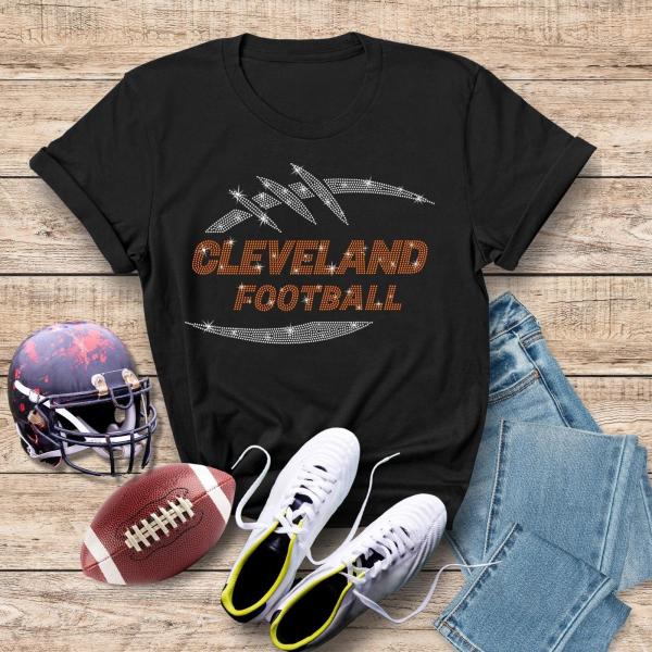 Cleveland Game Day Rhinestone T-Shirt, Football Lover Tee, Unique Design Shiny Chic Tee, Trendy Retro  Shirt, Favorite Sundays Sports Wear