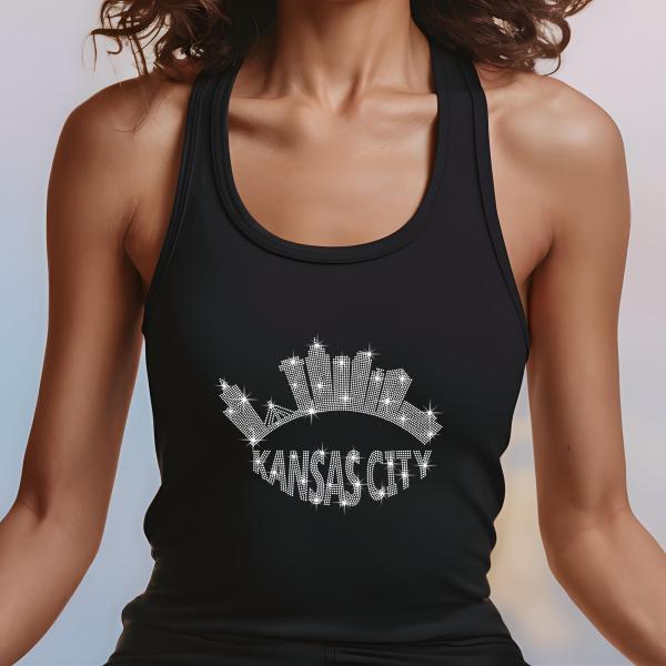 Kansas City Skyline Rhinestone Retro T-Shirt – Football City Silhouette Tee with Sparkling Name Design, Perfect Gift for Her, Gift for Mom