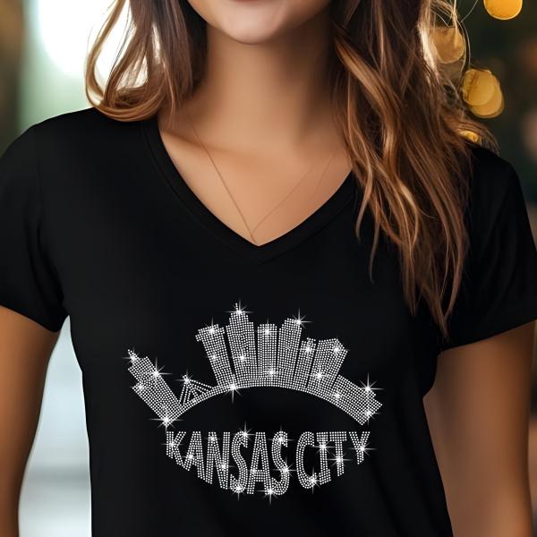 Kansas City Skyline Rhinestone Retro T-Shirt – Football City Silhouette Tee with Sparkling Name Design, Perfect Gift for Her, Gift for Mom