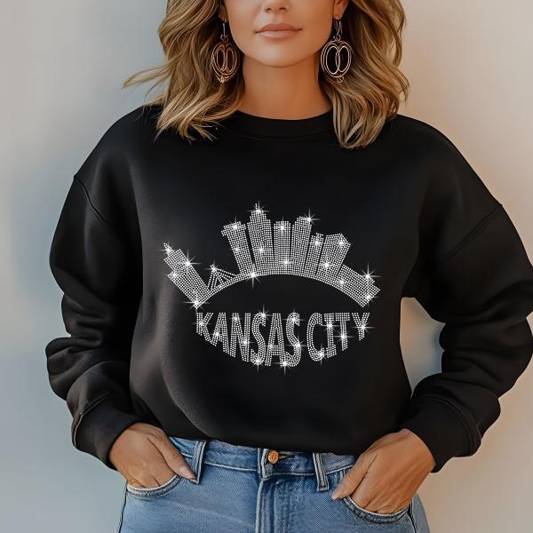 Kansas City Skyline Rhinestone Retro T-Shirt – Football City Silhouette Tee with Sparkling Name Design, Perfect Gift for Her, Gift for Mom