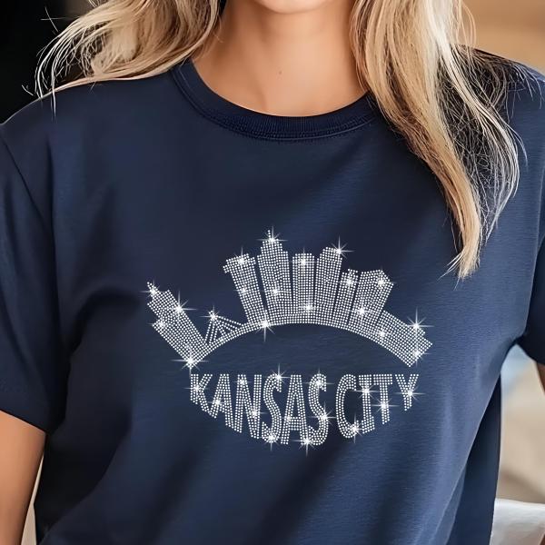 Kansas City Skyline Rhinestone Retro T-Shirt – Football City Silhouette Tee with Sparkling Name Design, Perfect Gift for Her, Gift for Mom