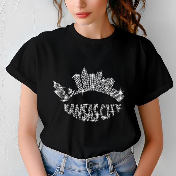 Kansas City Skyline Rhinestone Retro T-Shirt – Football City Silhouette Tee with Sparkling Name Design, Perfect Gift for Her, Gift for Mom