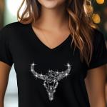 Western Rhinestone Longhorn T-Shirt, Cow Skull Boho Chic Design, Sparkling Bull Skull Top, Women’s Black Casual Tee, Country Concert Outfit