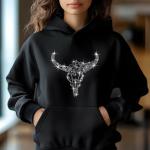 Western Rhinestone Longhorn T-Shirt, Cow Skull Boho Chic Design, Sparkling Bull Skull Top, Women’s Black Casual Tee, Country Concert Outfit