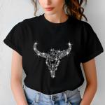 Western Rhinestone Longhorn T-Shirt, Cow Skull Boho Chic Design, Sparkling Bull Skull Top, Women’s Black Casual Tee, Country Concert Outfit