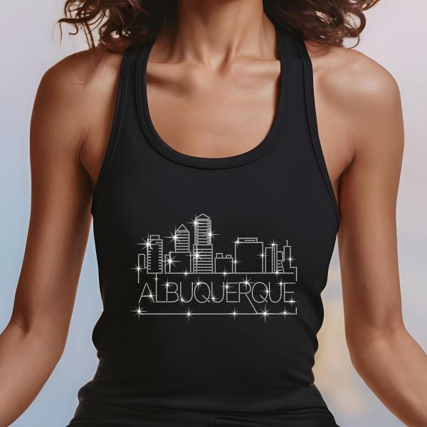 Albuquerque Rhinestone T-Shirt, Sparkling City Skyline Design, Women Casual Tee, Glitter Cityscape Top, New Mexico Pride Shirt, Travel Gift